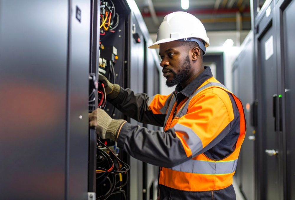Firefly_um engenheiro eletrico fazendo manutenção em um UPS de grande porte preto, ele veste 440024